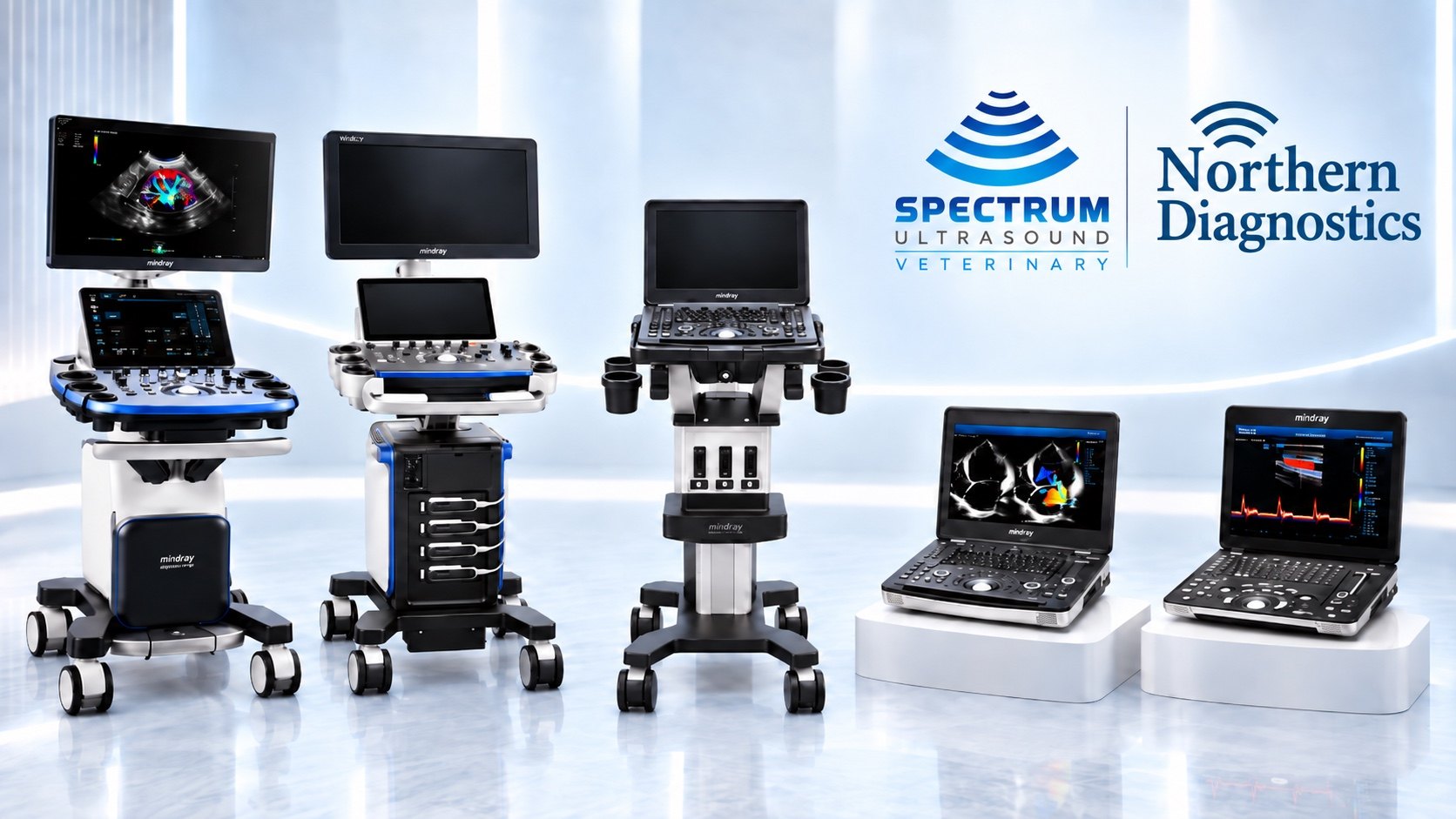 Five Mindray veterinary ultrasound systems side by side, three cart-based consoles and two portable units