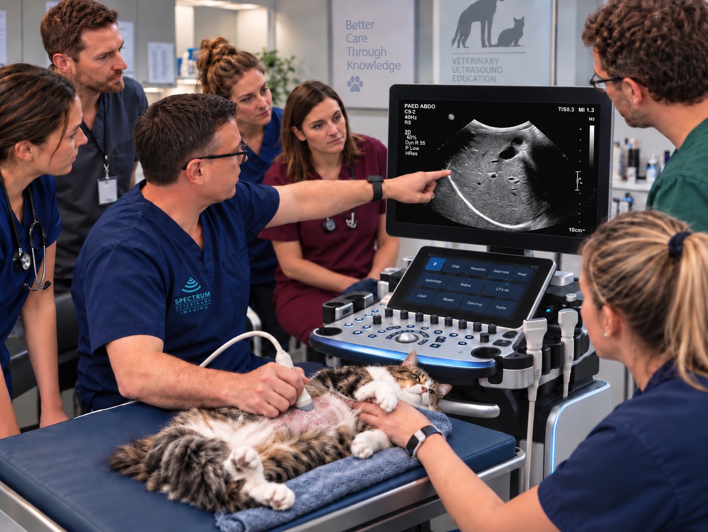 Veterinary team gathered around an ultrasound system while a clinician points out a finding on screen during a teaching session