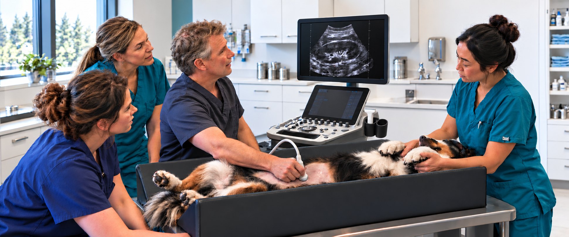 A veterinarian scanning a dog’s abdomen while three colleagues watch the ultrasound screen